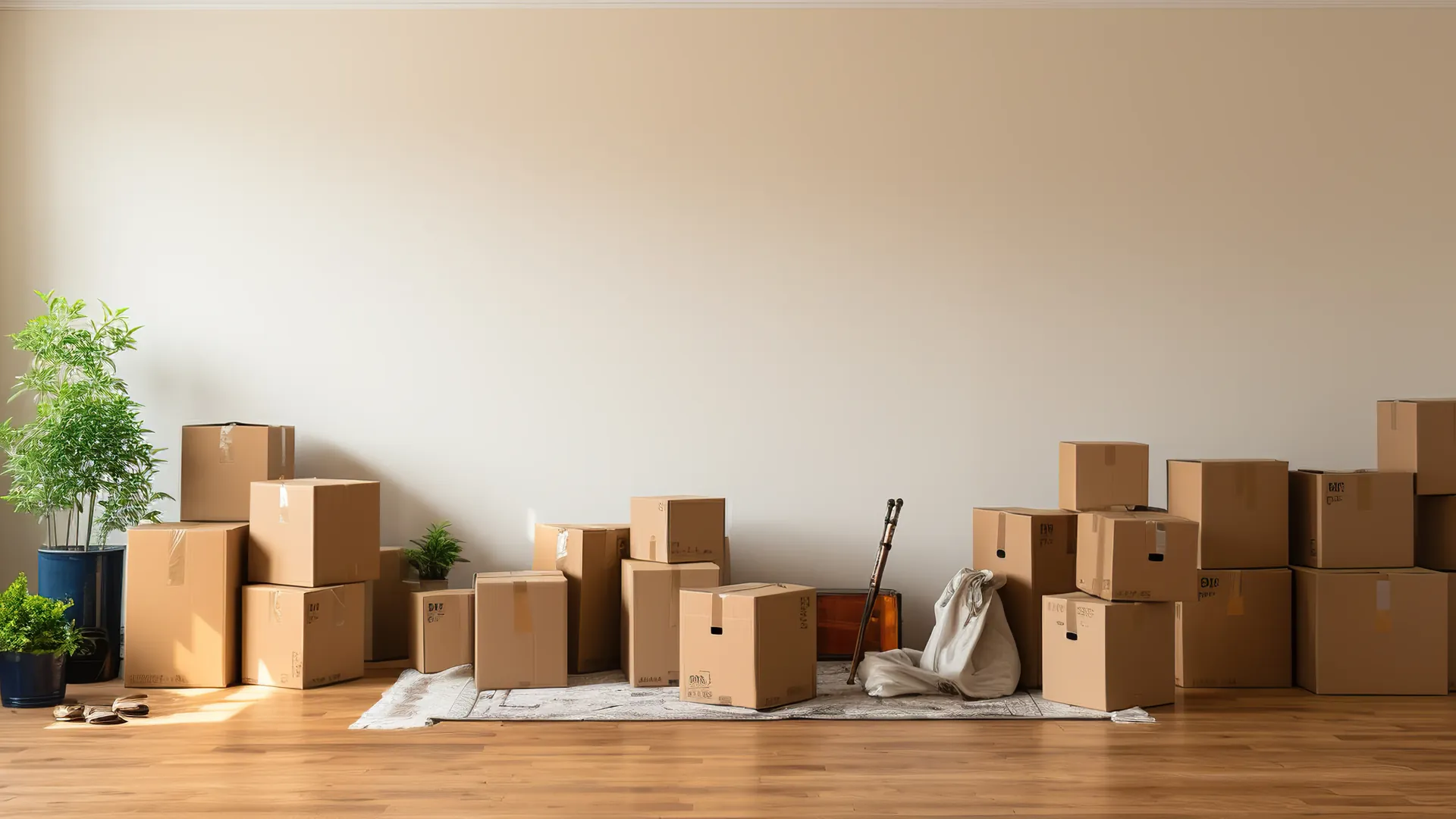 Empty room with cardboard moving boxes stacked on hardwood floor